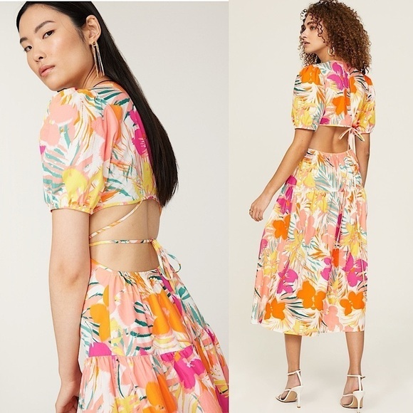 PETER SOM Tropical Floral Puff Short Sleeve Back Cutout Ruffle Tier Midi Dress 2 - Picture 5 of 8